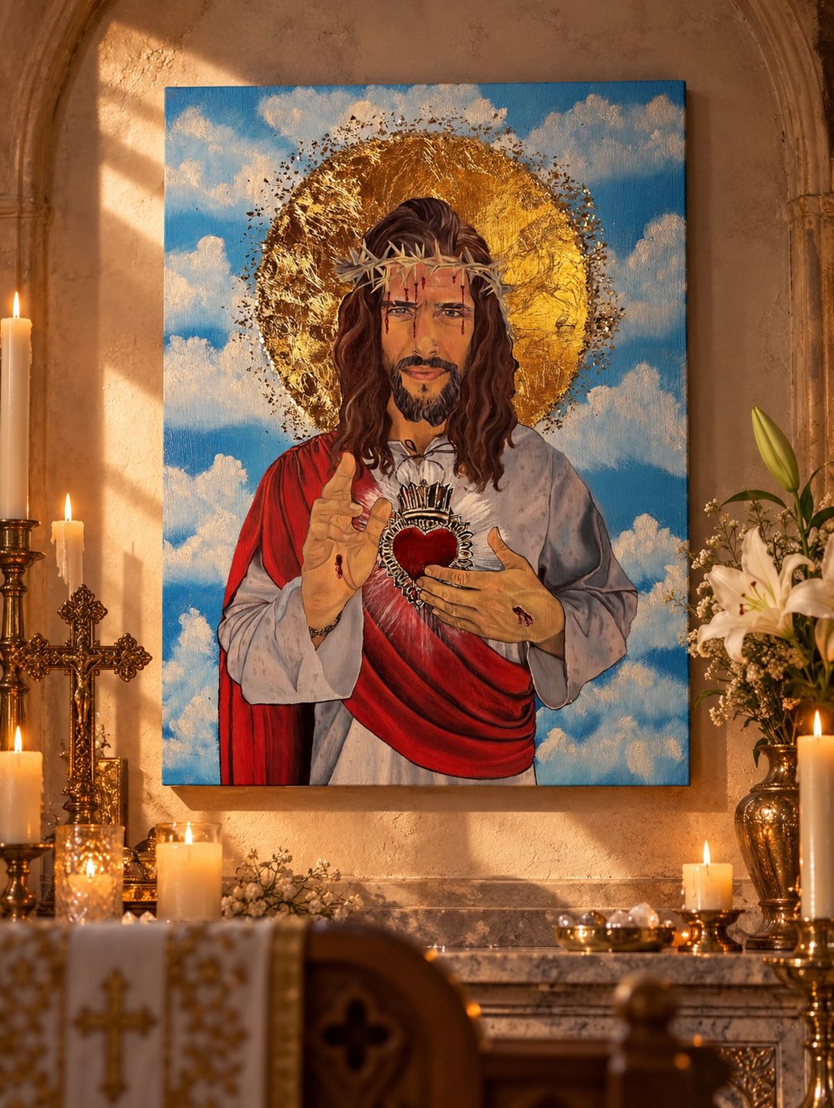Sacred Heart portrait in mixed media with gold leaf